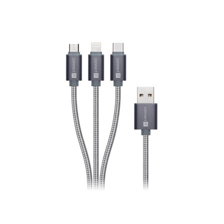 Connect IT Wirez datový kabel, 3v1, USB na USB-C + microUSB + Lightning, 1.2m - šedá