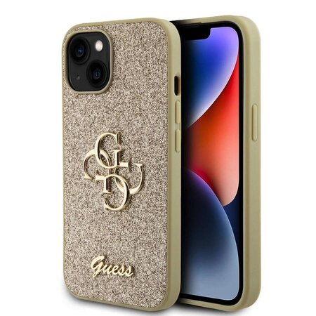 Guess PU Fixed Glitter 4G Metal Logo Zadní Kryt pro iPhone 13, zlatá