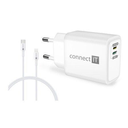 Connect IT Duplex Nabíjecí adaptér 1x Lightning + 1x USB-C, 20W, kabel 27W - bílá