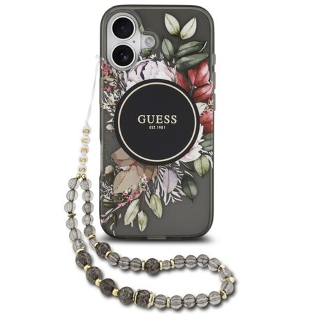Guess zadní kryt s popruhem na ruku pro iPhone 17, IML Flowers MagSafe - černá Guess zadní kryt s popruhem na ruku pro iPhone 17, IML Flowers MagSafe - černá