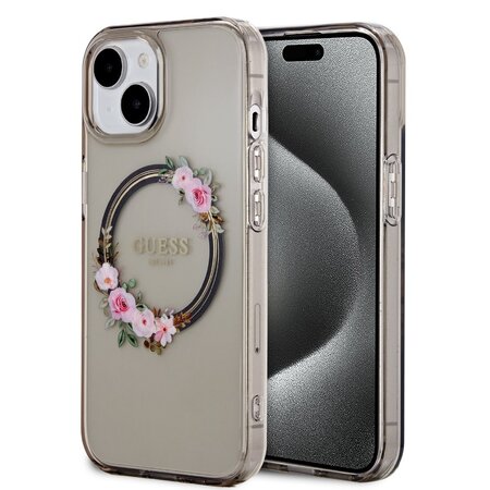 Guess PC/TPU Flowers Ring Glossy Logo MagSafe Zadní Kryt pro iPhone 15 Black