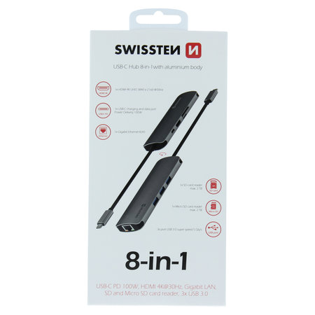 Swissten USB-C HUB 8-IN-1 (USB-C PD, HDMI 4K, LAN RJ45, 3x USB 3.0, SD, MICRO SD) - hliník