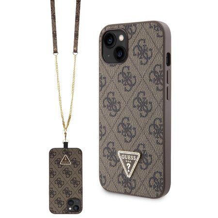 Guess PU 4G Strass Triangle Metal Logo Zadní Kryt + Crossbody Popruh pro iPhone 15 Brown