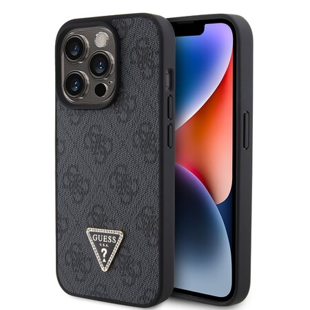 Guess PU 4G Strass Triangle Metal Logo Zadní Kryt pro iPhone 15 Pro Black