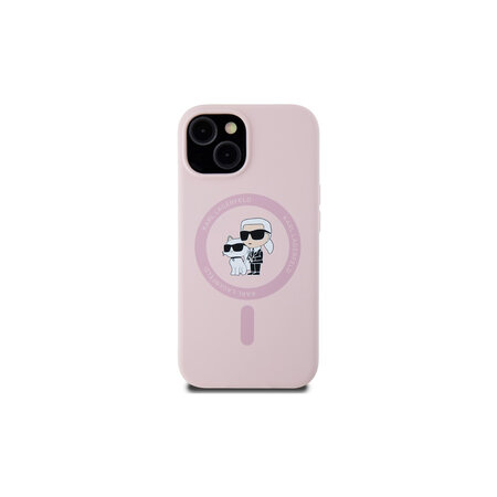 Karl Lagerfeld Liquid Silicone Karl and Choupette MagSafe Zadní Kryt pro iPhone 15 Růžová