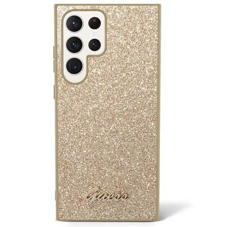 Guess PC/TPU Glitter Flakes Metal Logo Zadní Kryt pro Samsung Galaxy S23 Ultra Gold