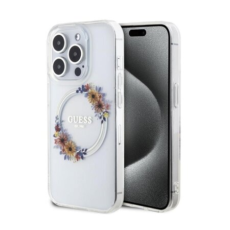 Guess PC/TPU Flowers Ring Glossy Logo MagSafe Zadní Kryt pro iPhone 15 Pro Transparent