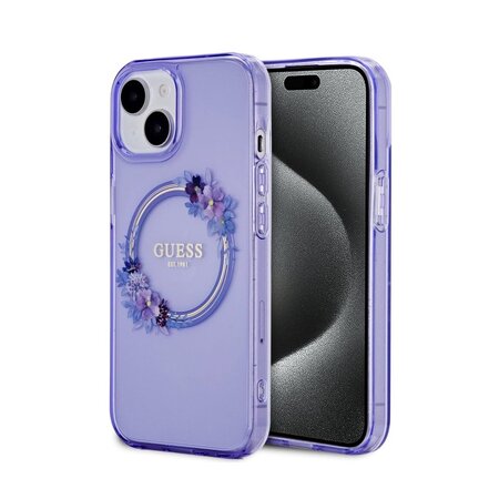 Guess PC/TPU Flowers Ring Glossy Logo MagSafe Zadní Kryt pro iPhone 15 Purple