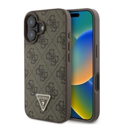 Guess PU 4G Strass Triangle Metal Logo Zadní Kryt pro iPhone 16 Brown