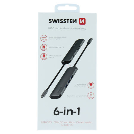 Swissten USB-C HUB 6-IN-1 (USB-C PD, 3X USB 3.0, SD, MICRO SD) - hliník