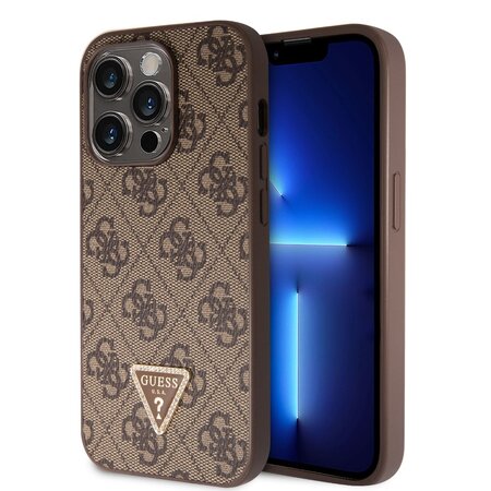 Guess PU 4G Strass Triangle Metal Logo Zadní Kryt pro iPhone 15 Pro Brown