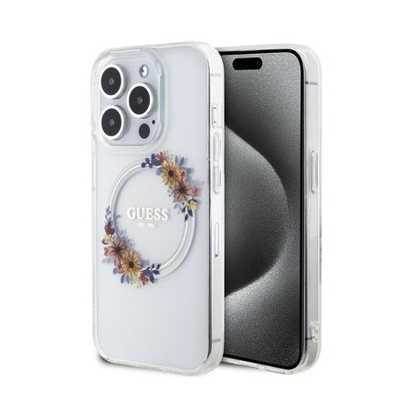 Guess PC/TPU Flowers Ring Glossy Logo MagSafe Zadní Kryt pro iPhone 15 Pro Max Transparent