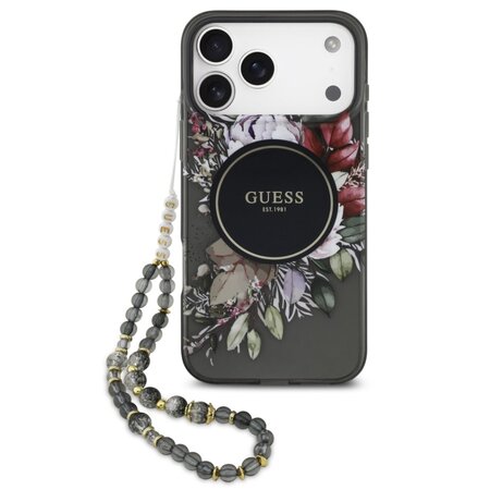 Guess zadní kryt s popruhem na ruku pro iPhone 17 Pro Max, IML Flowers MagSafe - černá Guess zadní kryt s popruhem na ruku pro iPhone 17 Pro Max, IML Flowers MagSafe - černá