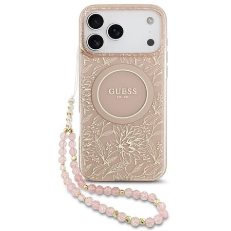 Guess zadní kryt s popruhem na ruku pro iPhone 17 Pro Max, IML Flowers MagSafe - růžová Guess zadní kryt s popruhem na ruku pro iPhone 17 Pro Max, IML Flowers MagSafe - růžová