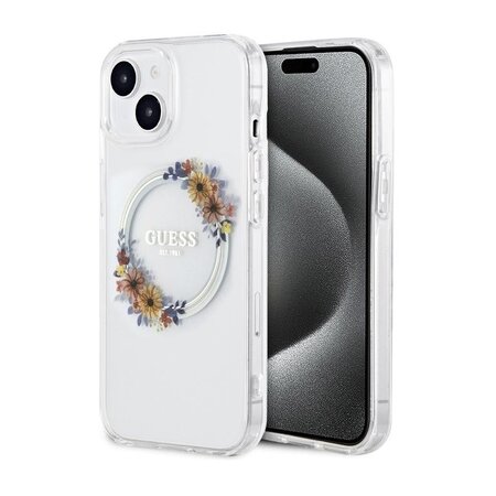 Guess PC/TPU Flowers Ring Glossy Logo MagSafe Zadní Kryt pro iPhone 15 Plus Transparent