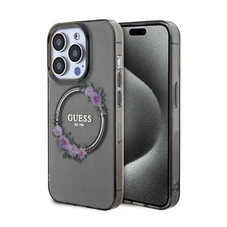 Guess PC/TPU Flowers Ring Glossy Logo MagSafe Zadní Kryt pro iPhone 15 Pro Black