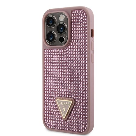 Guess Rhinestones Triangle Metal Logo Kryt pro iPhone 14 Pro růžový