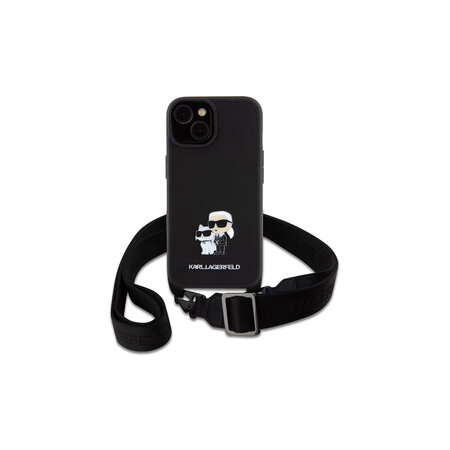 Karl Lagerfeld Saffiano Crossbody Popruh Metal Karl and Choupette Zadní Kryt pro iPhone 15 Černá