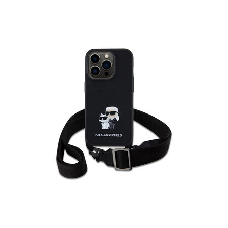 Karl Lagerfeld Saffiano Crossbody Popruh Metal Karl and Choupette Zadní Kryt pro iPhone 15 Pro Černá