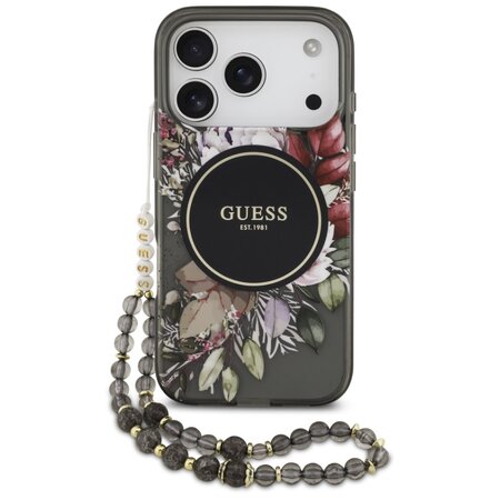 Guess zadní kryt s popruhem na ruku pro iPhone 17 Pro, IML Flowers MagSafe - černá Guess zadní kryt s popruhem na ruku pro iPhone 17 Pro, IML Flowers MagSafe - černá