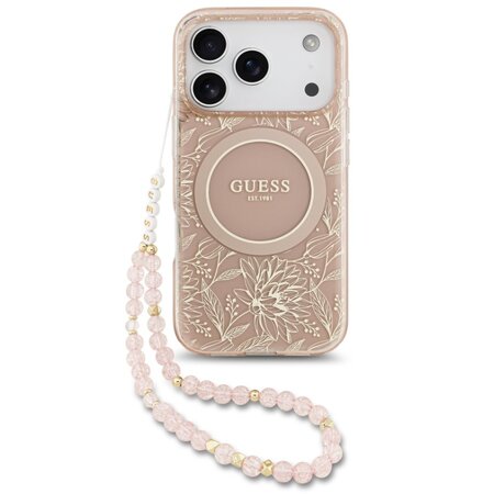 Guess zadní kryt s popruhem na ruku pro iPhone 17 Pro, IML Flowers MagSafe - růžová Guess zadní kryt s popruhem na ruku pro iPhone 17 Pro, IML Flowers MagSafe - růžová