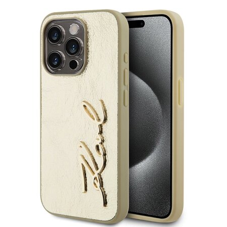 Karl Lagerfeld Wrinkled PU Signature Logo Zadní Kryt pro iPhone 15 Pro Gold