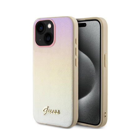 Guess PU Leather Iridescent Metal Script Zadní Kryt pro iPhone 15 Gold