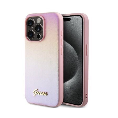 Guess PU Leather Iridescent Metal Script Zadní Kryt pro iPhone 15 Pro Max Pink