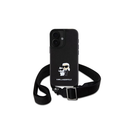 Karl Lagerfeld Saffiano Crossbody Popruh Metal Karl and Choupette Zadní Kryt pro iPhone 16 Černá