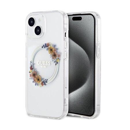 Guess PC/TPU Flowers Ring Glossy Logo MagSafe Zadní Kryt pro iPhone 13 Transparent