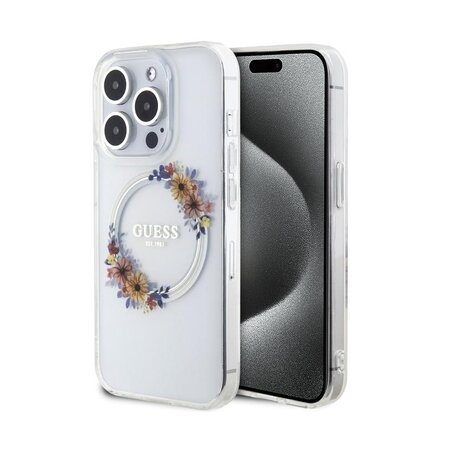 Guess PC/TPU Flowers Ring Glossy Logo MagSafe Zadní Kryt pro iPhone 14 Pro Max Transparent