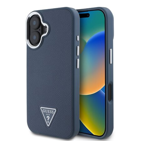 Guess PU Grained Triangle Logo Zadní Kryt pro iPhone 16 Blue