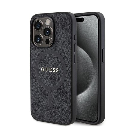 Guess PU Leather 4G Colored Ring MagSafe Zadní Kryt pro iPhone 15 Pro Black