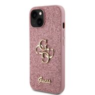 Guess PU Fixed Glitter 4G Metal Logo Zadní Kryt pro iPhone 15 Růžový