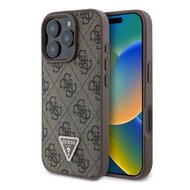 Guess PU 4G Strass Triangle Metal Logo Zadní Kryt pro iPhone 16 Pro Brown