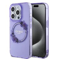 Guess PC/TPU Flowers Ring Glossy Logo MagSafe Zadní Kryt pro iPhone 15 Pro Purple