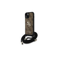 Guess PU 4G Metal Logo Zadní Kryt pro iPhone 15 Hnědá + Crossbody Popruh