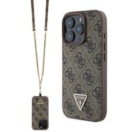 Guess PU 4G Strass Triangle Metal Logo Zadní Kryt + Crossbody Popruh pro iPhone 16 Pro Max Brown