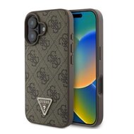 Guess PU 4G Strass Triangle Metal Logo Zadní Kryt pro iPhone 16 Brown