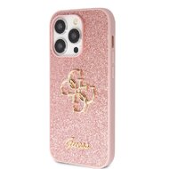 Guess PU Fixed Glitter 4G Metal Logo Zadní Kryt pro iPhone 15 Pro Růžový