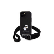 Karl Lagerfeld Saffiano Crossbody Popruh Metal Karl and Choupette Zadní Kryt pro iPhone 15 Černá
