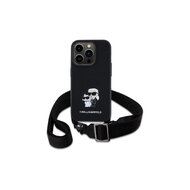 Karl Lagerfeld Saffiano Crossbody Popruh Metal Karl and Choupette Zadní Kryt pro iPhone 15 Pro Černá