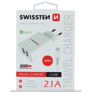 SWISSTEN SÍŤOVÝ ADAPTÉR SMART IC 2x USB 2,1A POWER + DATOVÝ KABEL USB C 1,2m BÍLÝ