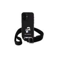 Karl Lagerfeld Saffiano Crossbody Popruh Metal Karl and Choupette Zadní Kryt pro iPhone 16 Černá