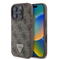 Guess PU 4G Strass Triangle Metal Logo Zadní Kryt pro iPhone 16 Pro Brown