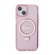 Guess IML Ring Stand Glitter MagSafe Zadní Kryt pro iPhone 15, růžová